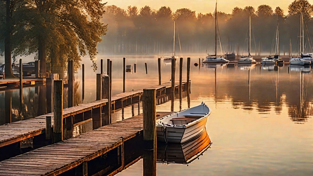 Marina im Morgennebel an einem Brandenburger See